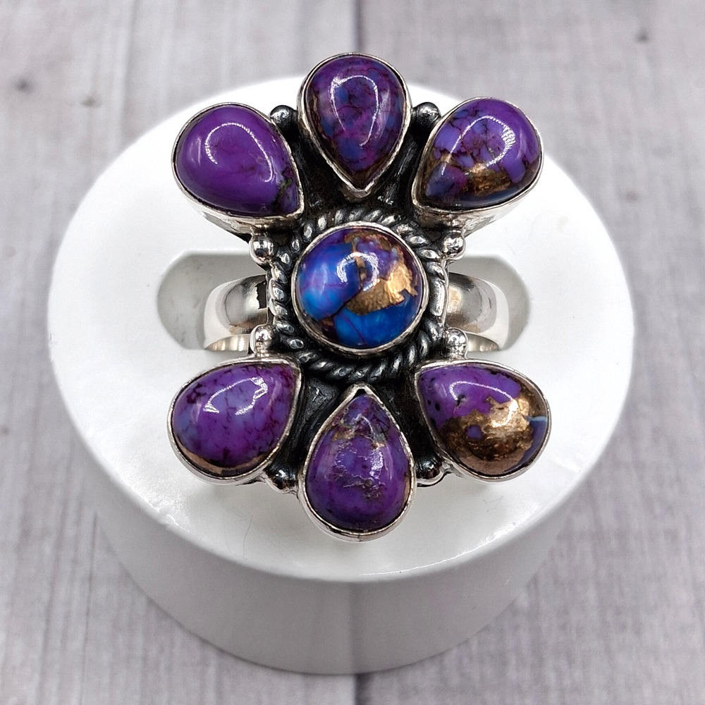 Southwestern Purple Blue Mojave Turquoise Sz 9 Flower Cluster Sterling Silver
